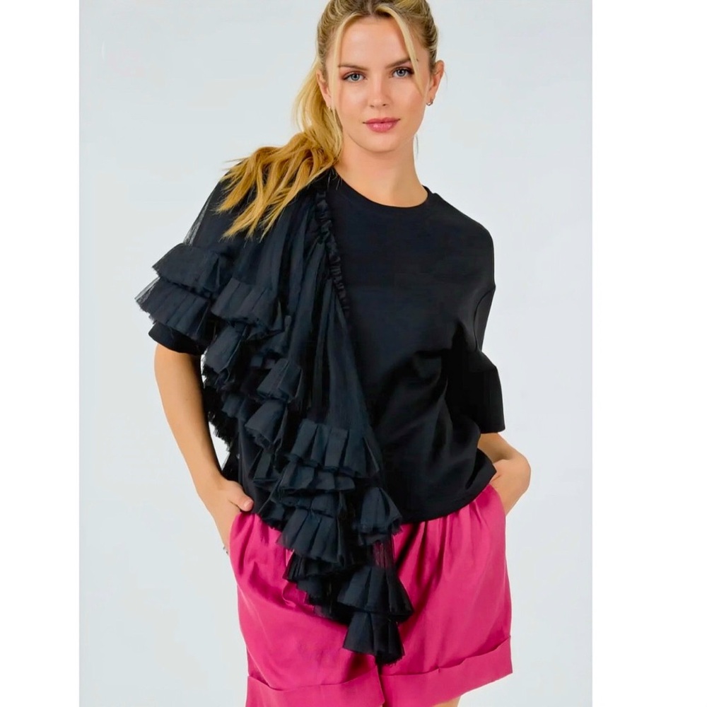Black Ruffle-Accent Women's Top